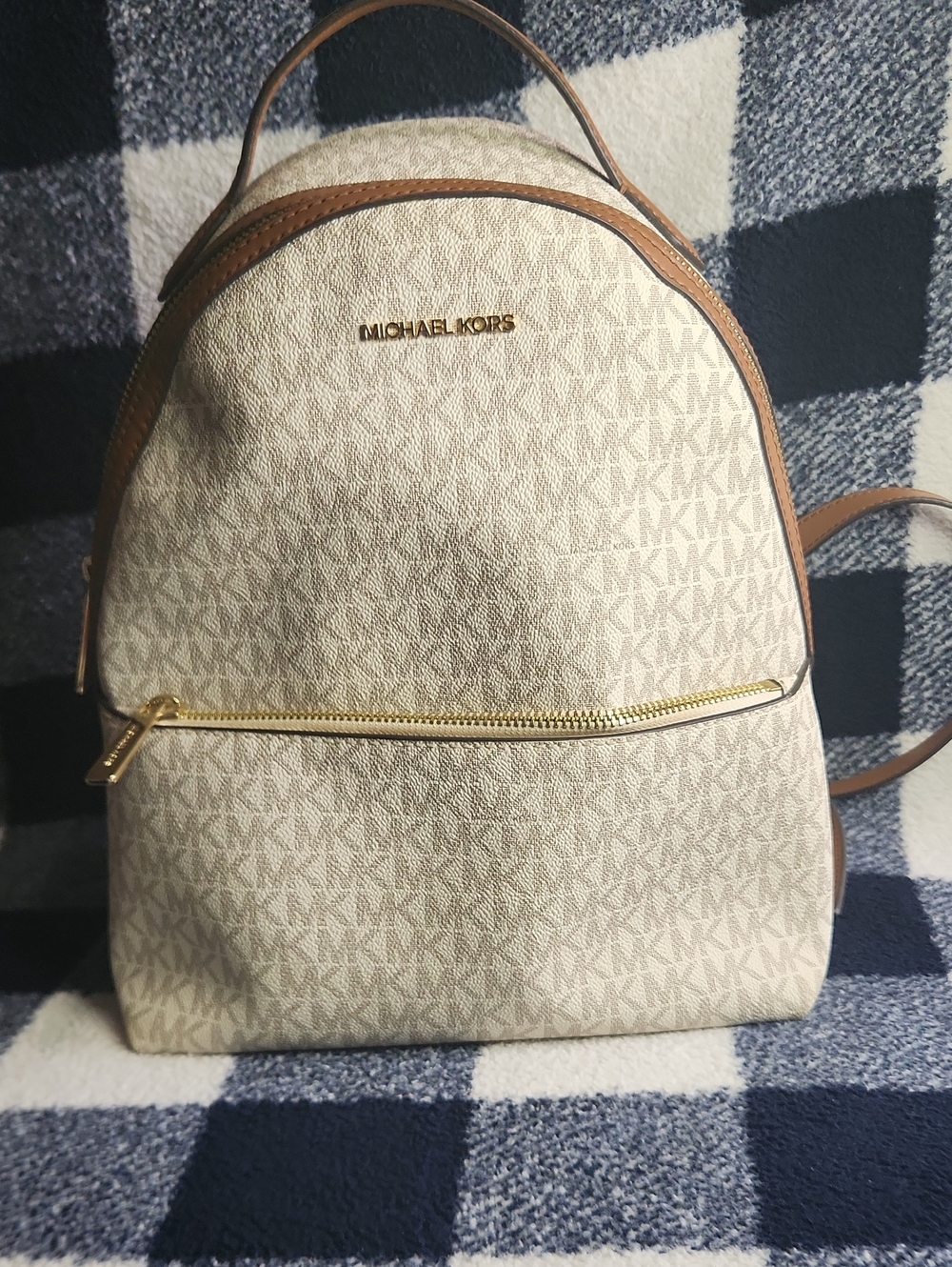 Michael Kors Cream Logo-Print Backpack with Brown Trim and Gold Hardware